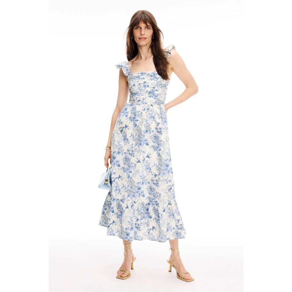 Moon River Shirred Tiered Floral Midi Dress Blue White Cotton Square Neck Size L